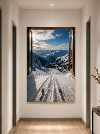 Paysage de haute montagne enneigée vu depuis le départ d'une piste
