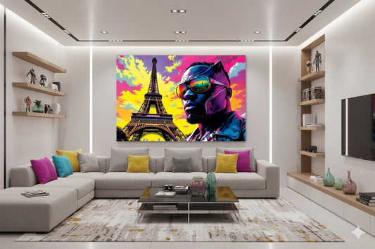 Tableau Panther Paris Sunset accroché dans un salon moderne, décoration murale pop art avec la Tour Eiffel en arrière-plan, ambiance urbaine et contemporaine.