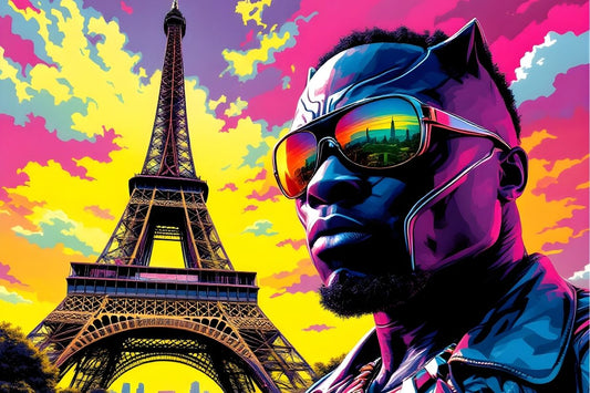 Tableau Panther Paris Sunset : portrait stylisé aux lunettes reflétant la Tour Eiffel, couleurs vives et pop art, création exclusive Iconik-Art.