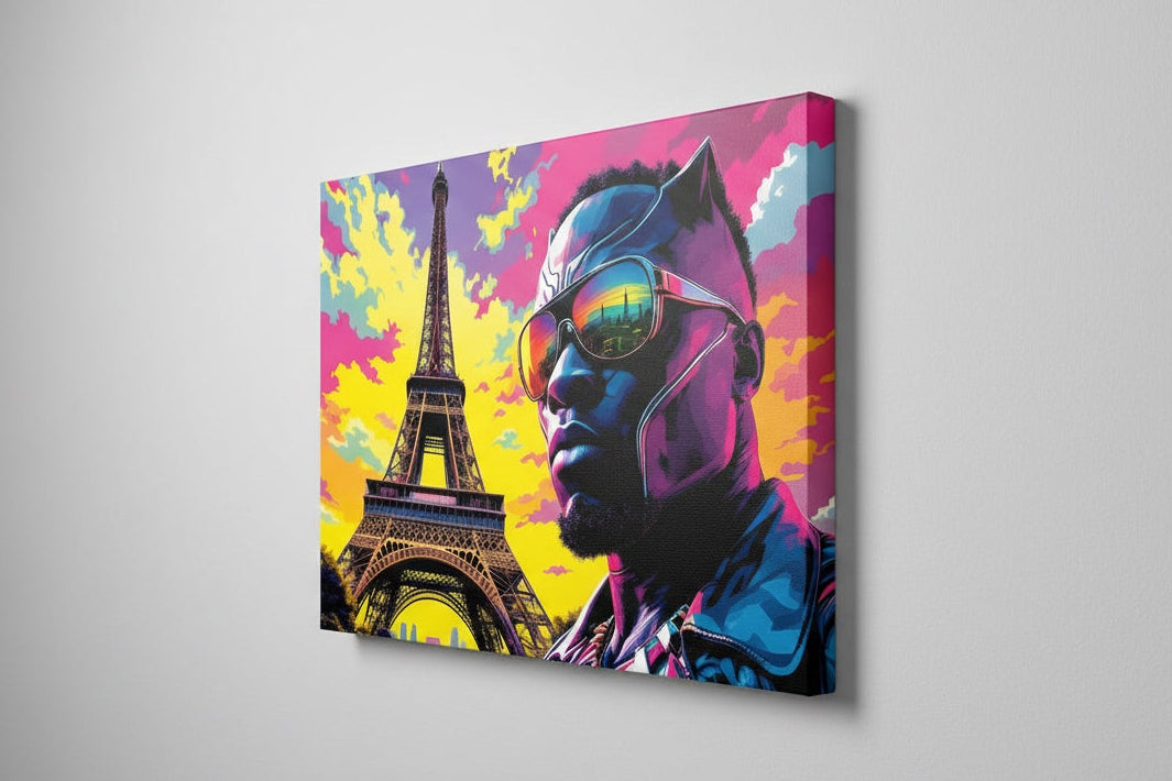 Vue de profil du tableau Panther Paris Sunset sur châssis toile, détails des couleurs et de la texture, impression haute qualité.