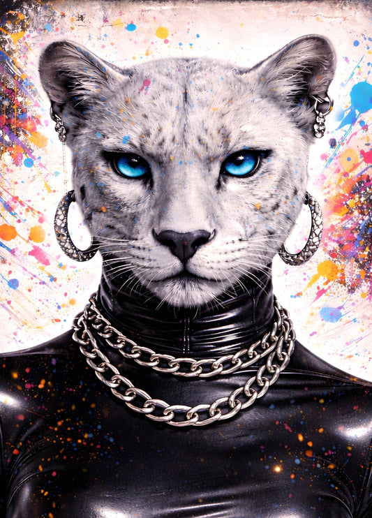 Portrait panthère blanche yeux bleus style urbain chic pour décoration murale moderne salon design
