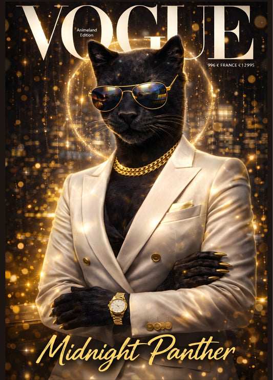 Tableau panthère noire costume blanc lunettes dorées style couverture magazine luxe
