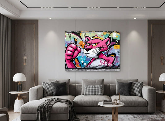 Tableau street art panthère rose en décoration intérieure
