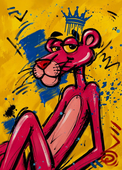 Panthère Rose couronnée sur fond jaune avec graffitis bleus, création exclusive Iconik-Art
