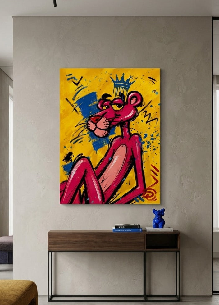 Tableau Panthère Rose exposé dans un loft urbain coloré à l’ambiance pop contemporaine
