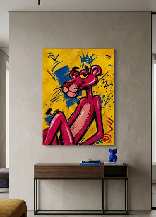 Tableau Panthère Rose exposé dans un loft urbain coloré à l’ambiance pop contemporaine
