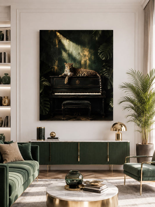 Tableau animalier contemporain avec léopard tacheté posé sur un piano, décor végétal sombre et atmosphère élégante mystérieuse
