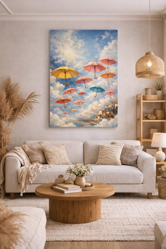 Tableau parapluies dans un salon moderne décoration murale apaisante ambiance lumineuse contemporaine
