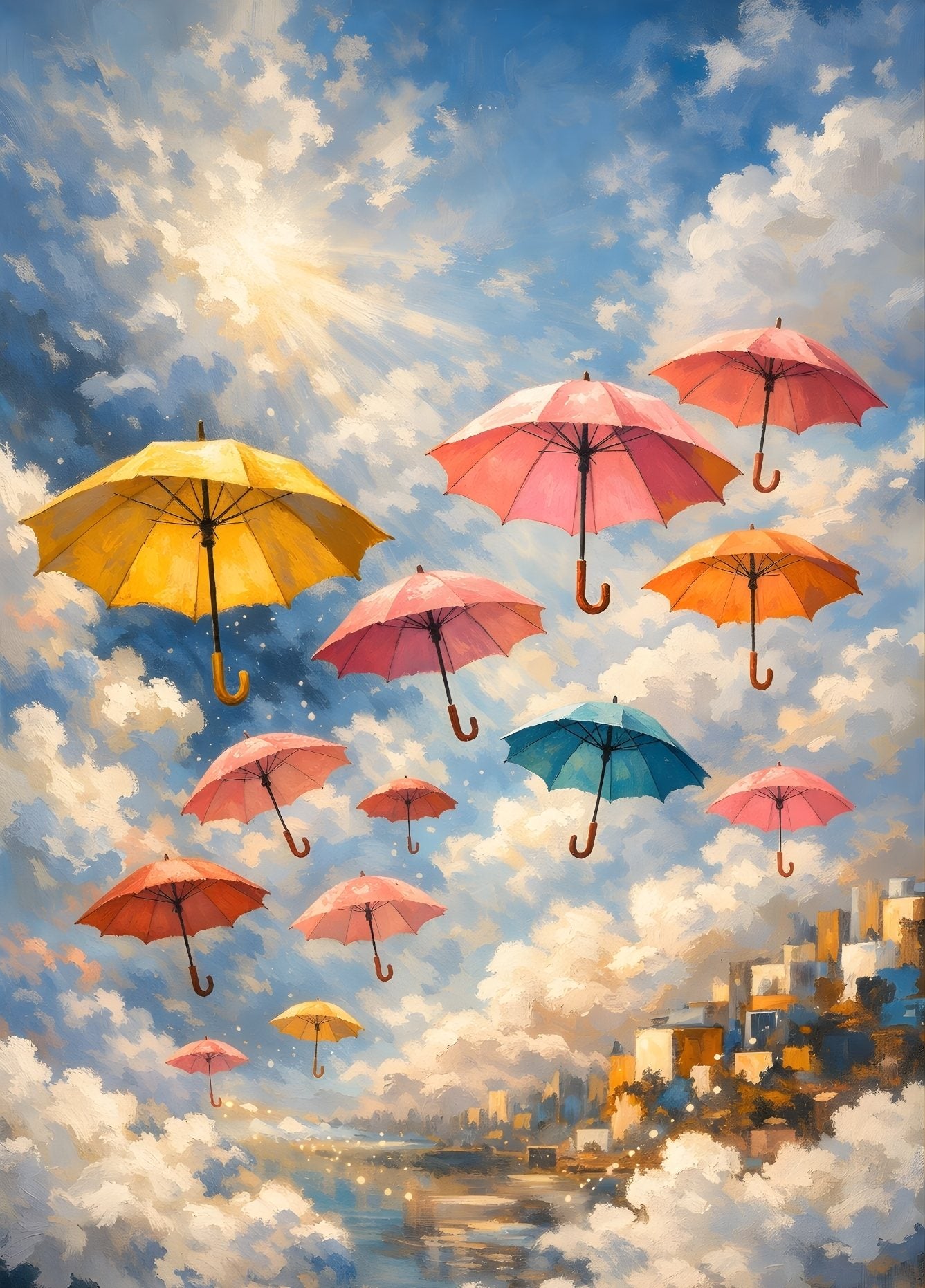 Tableau contemporain avec parapluies colorés flottant dans un ciel lumineux style peinture moderne
