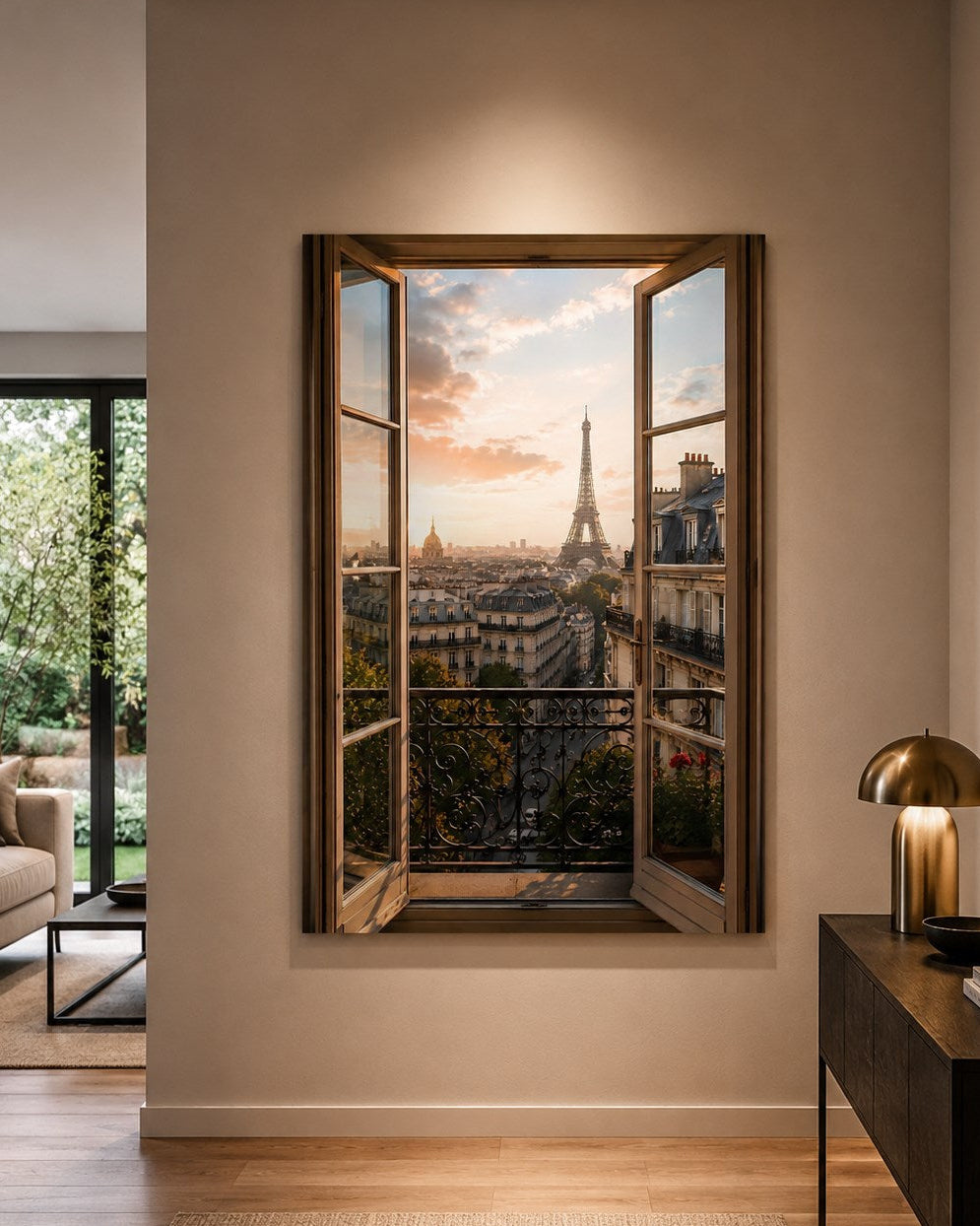 Tableau fenêtre Paris installé sur un mur pour créer une perspective donnant sur la tour Eiffel

