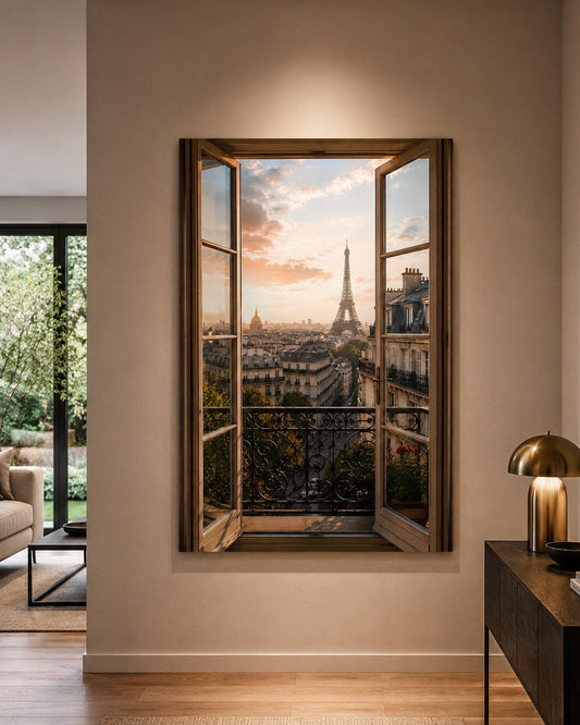 Tableau fenêtre Paris installé sur un mur pour créer une perspective donnant sur la tour Eiffel
