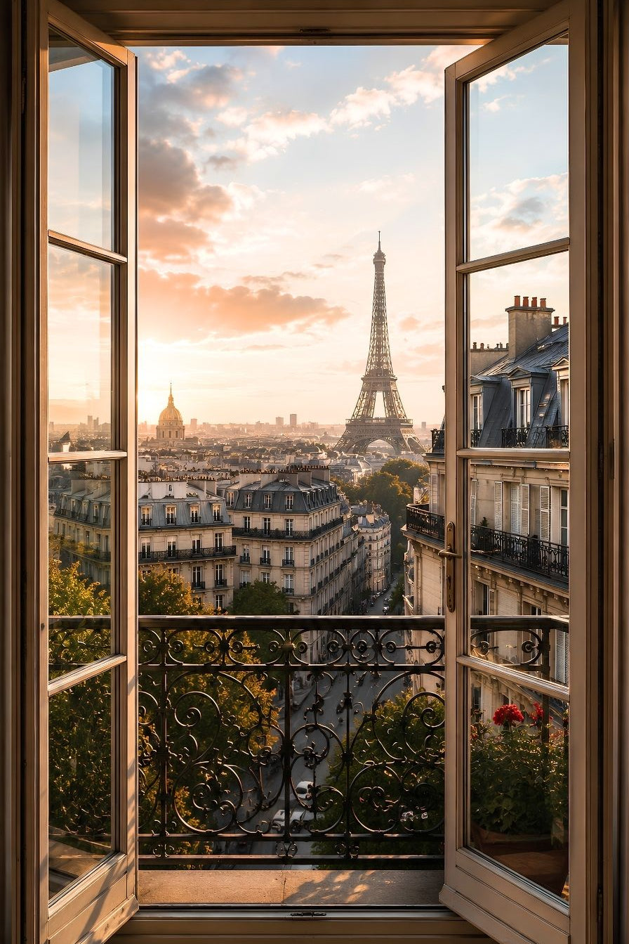 Trompe-l’œil d’une fenêtre ouverte sur les toits de Paris avec vue sur la tour Eiffel
