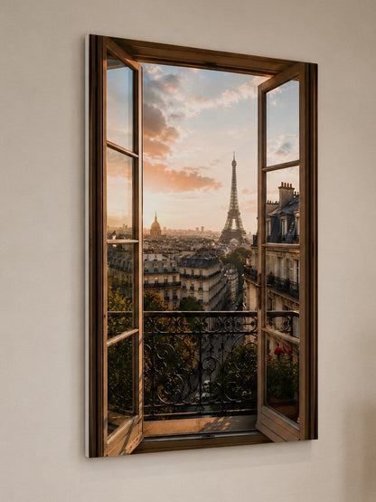 Tableau trompe-l’œil Paris imprimé sur PVC 5 mm avec effet de fenêtre ouverte
