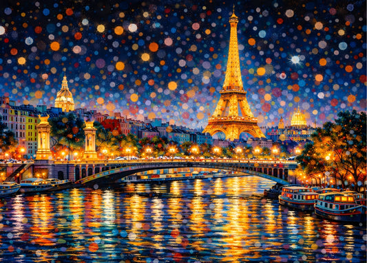 Tour Eiffel illuminée sur la Seine de nuit
