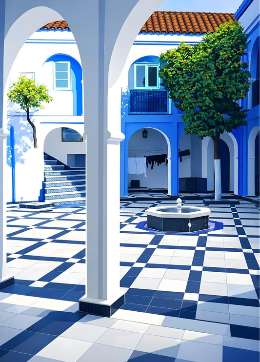 Tableau moderne patio andalou blanc et bleu ambiance méditerranéenne lumineuse
