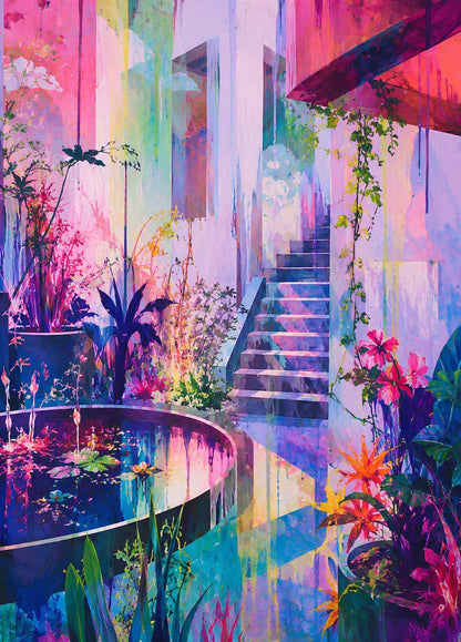 Tableau représentant un patio méditerranéen coloré avec bassin, végétation luxuriante et architecture contemporaine création exclusive Iconik-Art
