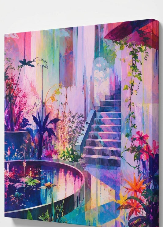 Vue de profil du tableau patio méditerranéen révélant les couleurs éclatantes et la qualité d'impression premium
