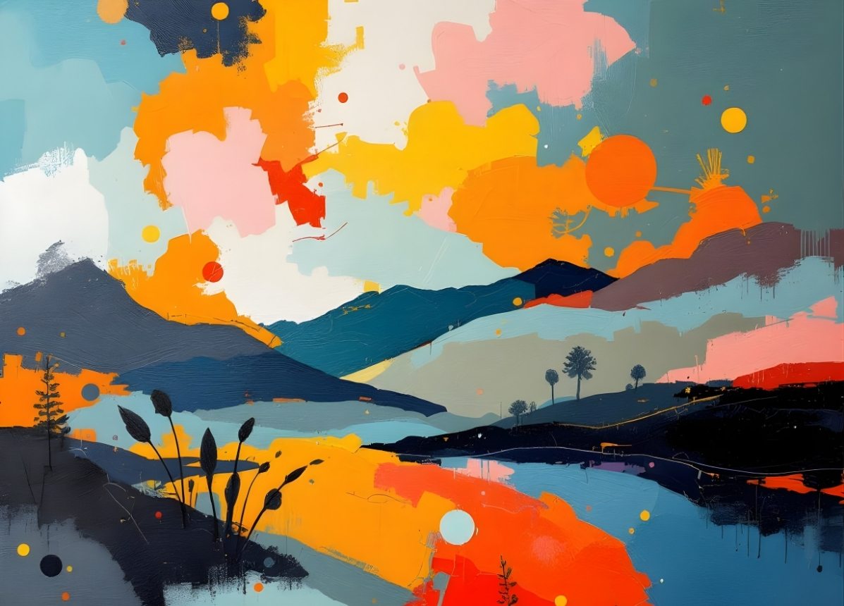 Paysage abstrait coloré lac montagnes style néo-fauviste orange bleu peinture contemporaine
