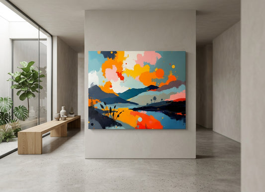 Paysage abstrait lac montagnes accroché dans salon moderne décoration murale colorée
