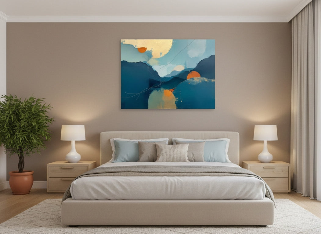 Tableau abstrait paysage bleu et ocre en décoration murale dans salon contemporain
