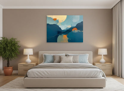 Tableau abstrait paysage bleu et ocre en décoration murale dans salon contemporain
