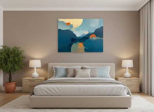 Tableau abstrait paysage bleu et ocre en décoration murale dans salon contemporain
