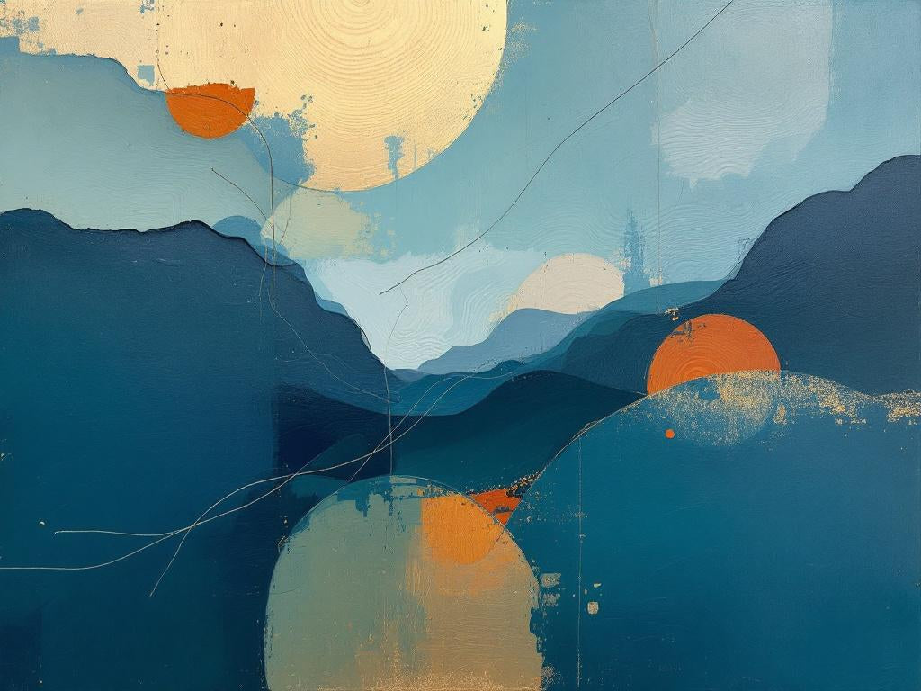 Tableau abstrait paysage bleu moderne avec formes montagneuses et soleils ocre
