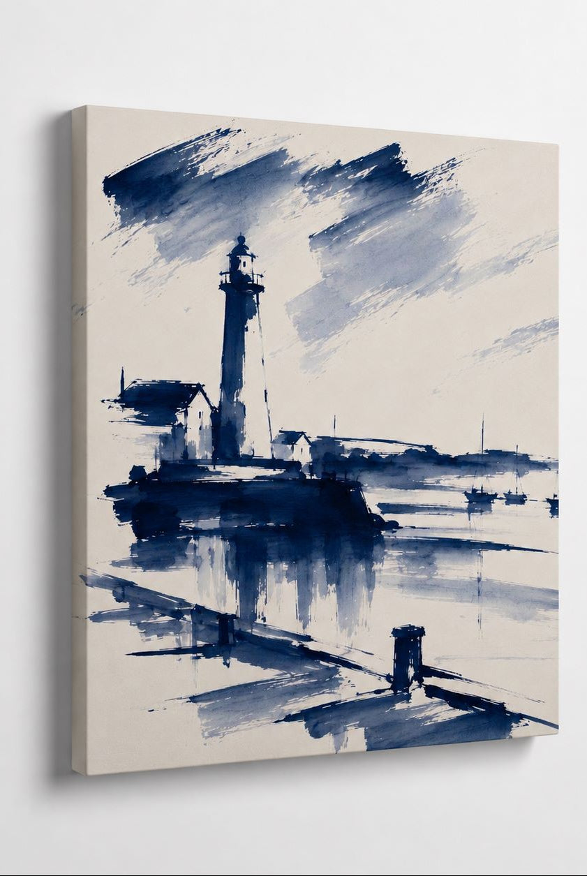 Tableau bord de mer minimaliste bleu et blanc avec phare, petit port et paysage côtier aux traits picturaux épurés.
