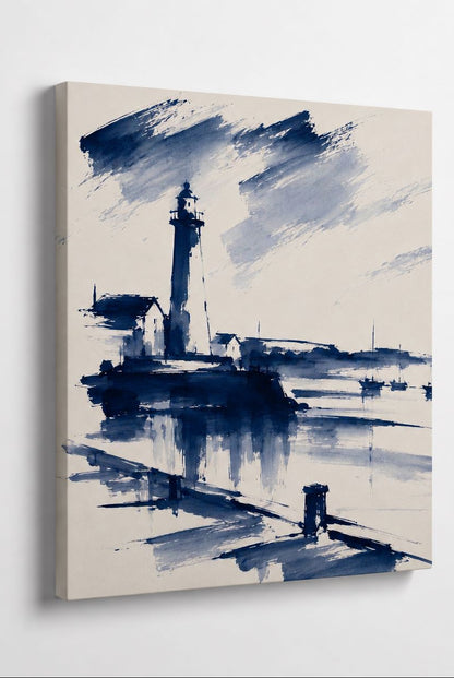 Tableau bord de mer minimaliste bleu et blanc avec phare, petit port et paysage côtier aux traits picturaux épurés.
