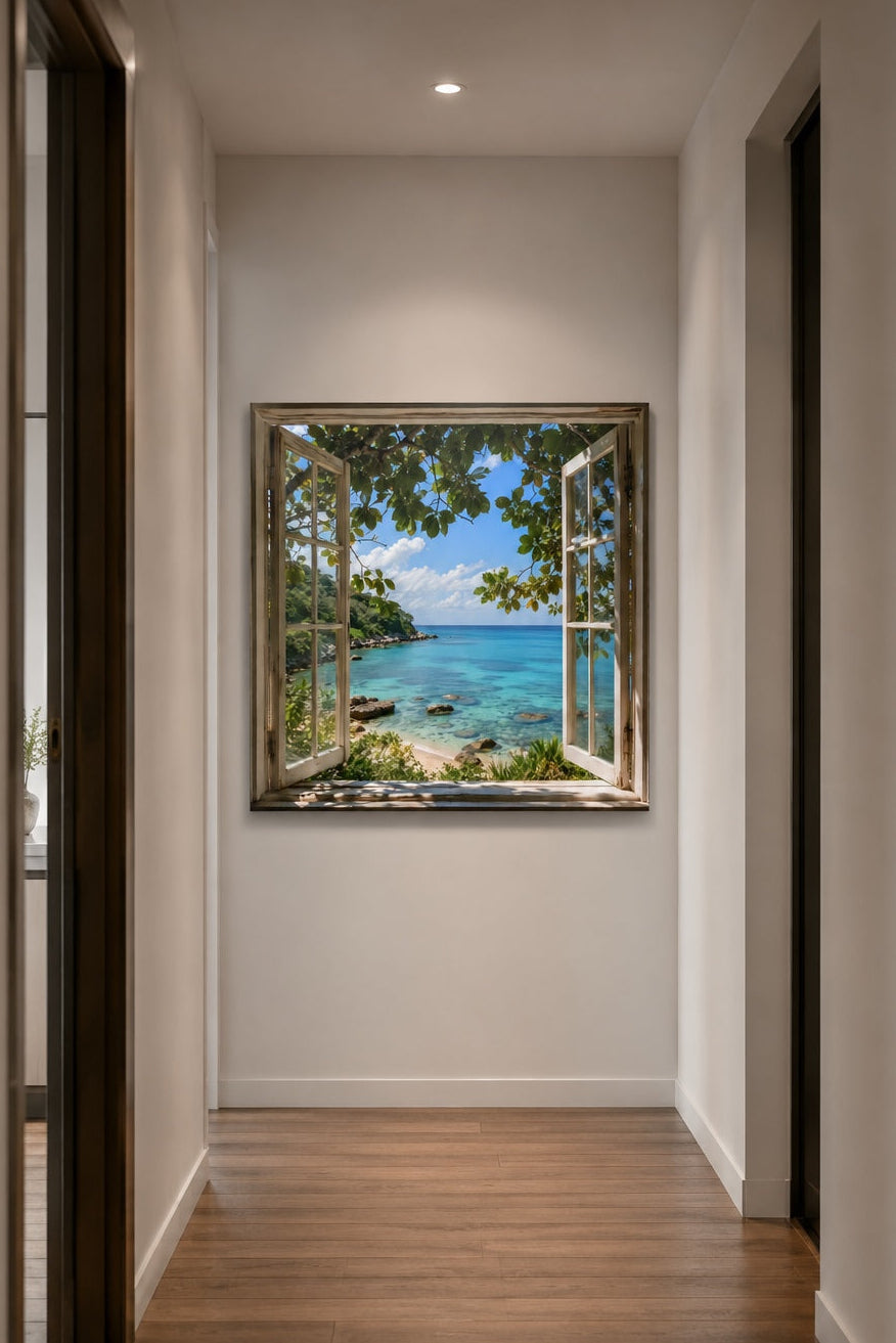 Tableau paysage marin avec crique sauvage et végétation tropicale
