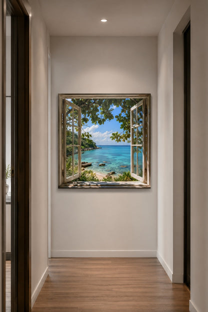 Tableau paysage marin avec crique sauvage et végétation tropicale
