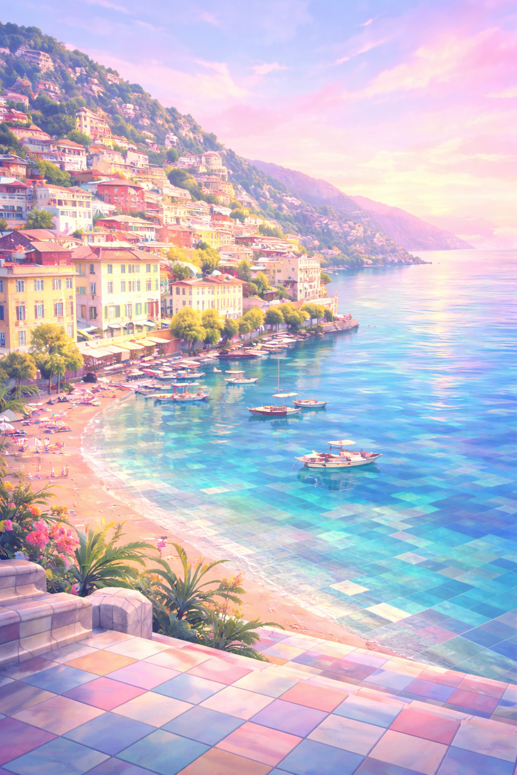 Tableau paysage village méditerranéen mer turquoise pastel décoration murale
