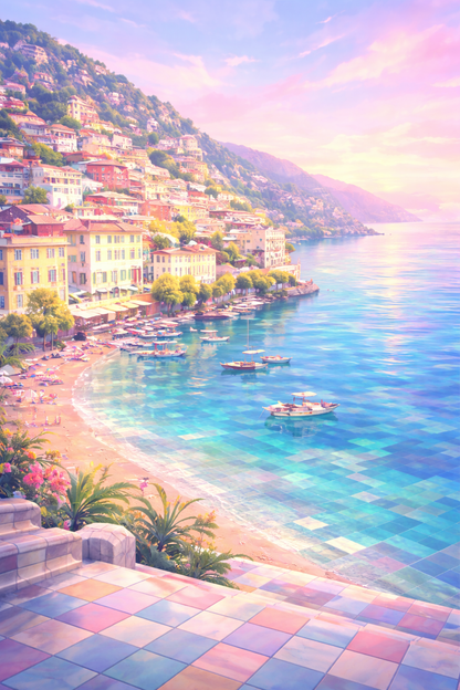 Tableau paysage village méditerranéen mer turquoise pastel décoration murale
