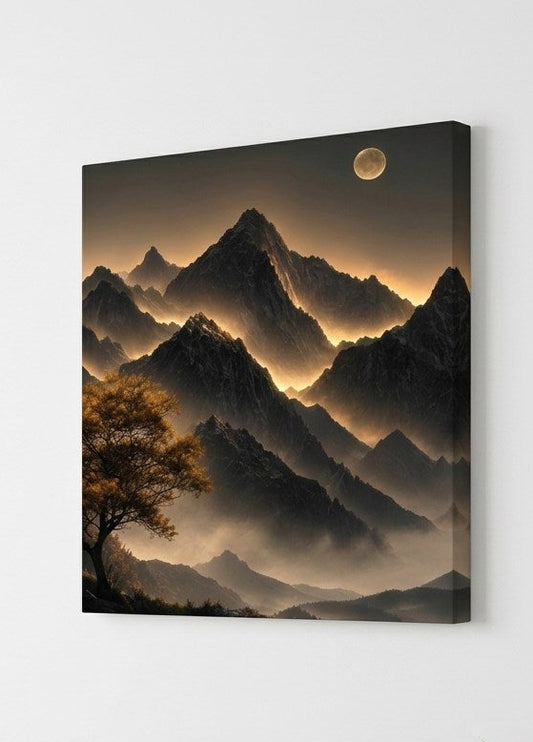 Sommets rocheux dans la brume au coucher du soleil, tableau montagne aux nuances noires et dorées pour décoration chic
