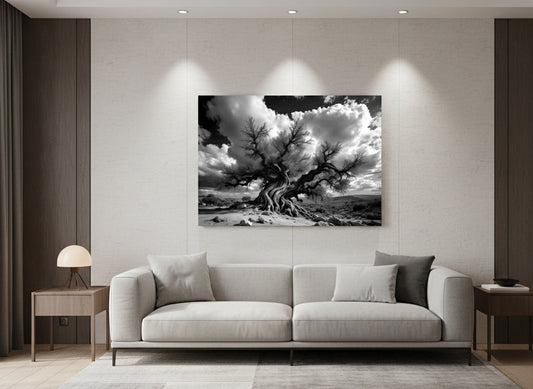 Photographie artistique noir et blanc d’un arbre isolé sous un ciel nuageux
