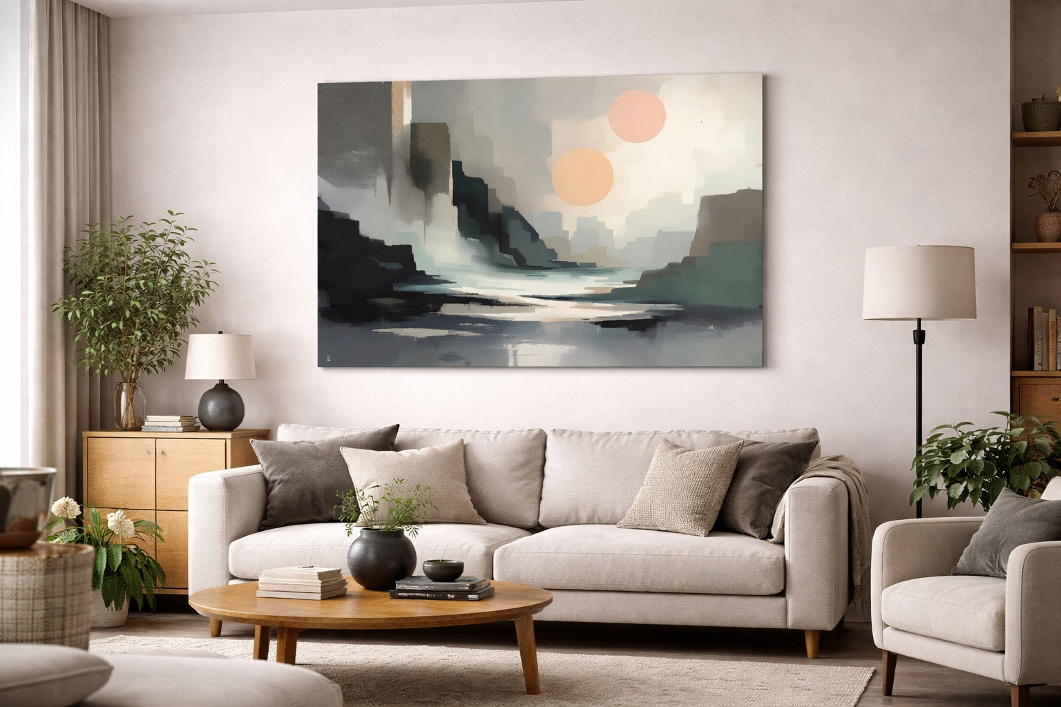 Paysage urbain brumeux minimaliste accroché dans salon moderne décoration murale contemporaine
