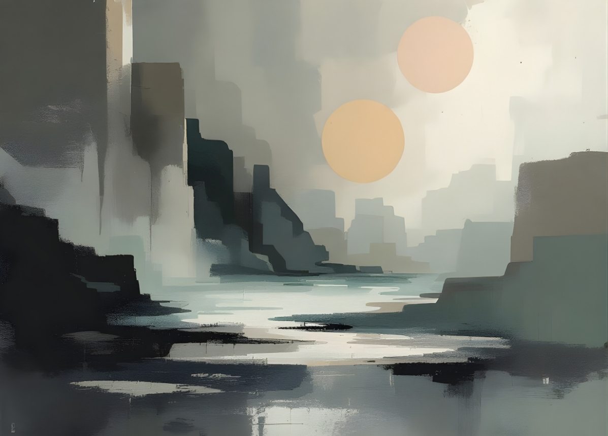 Paysage urbain brumeux minimaliste lac architecture silhouettes gris bleu style figuration contemporaine
