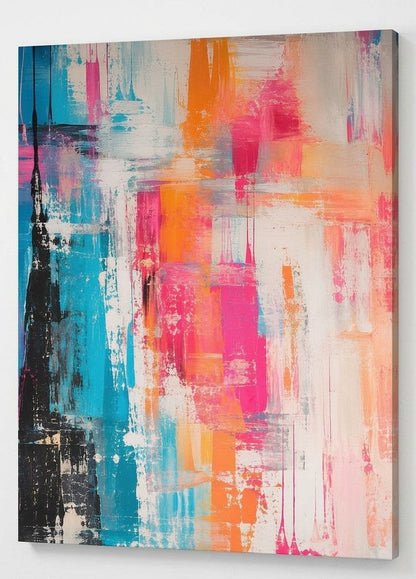 Peinture abstraite moderne aux nuances turquoise, fuchsia, orange et blanc avec effets de matière
