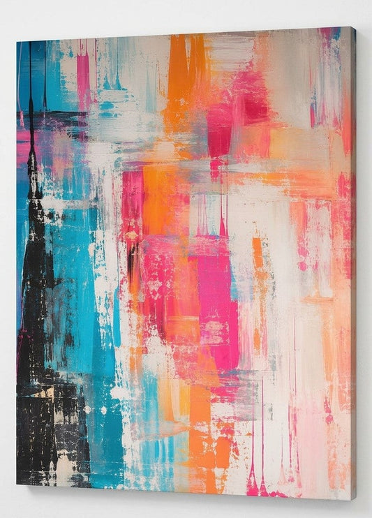 Peinture abstraite moderne aux nuances turquoise, fuchsia, orange et blanc avec effets de matière

