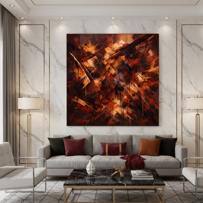 Peinture abstraite urbaine graphique aux éclats diagonaux et texture intense pour décoration murale moderne.
