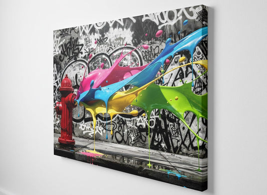 Coulées rose bleu jaune vert en mouvement, effet galerie contemporaine sur fond street art
