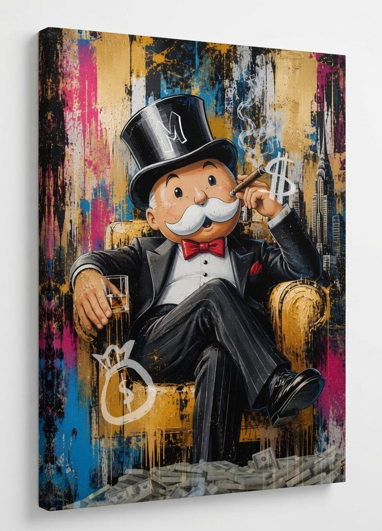 Illustration contemporaine inspirée du personnage emblématique du Monopoly associant art urbain, symboles de richesse, graffitis colorés, skyline de New York et effets de matière pour une décoration murale moderne et originale.
