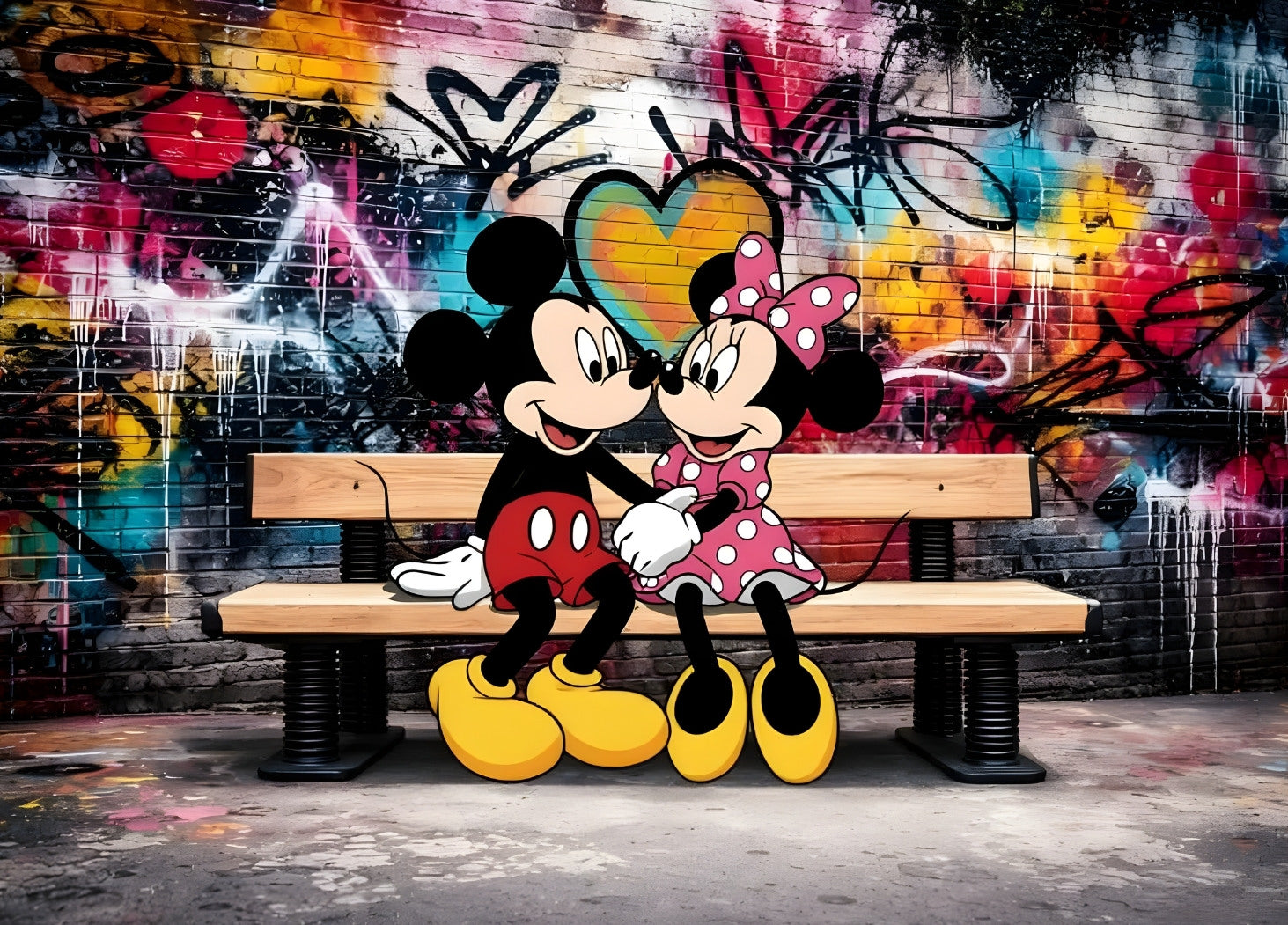 Tableau street art avec mickey et minnie sur un banc