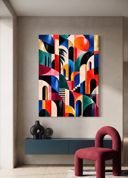 Tableau figuratif graphique et coloré dans un intérieur contemporain
