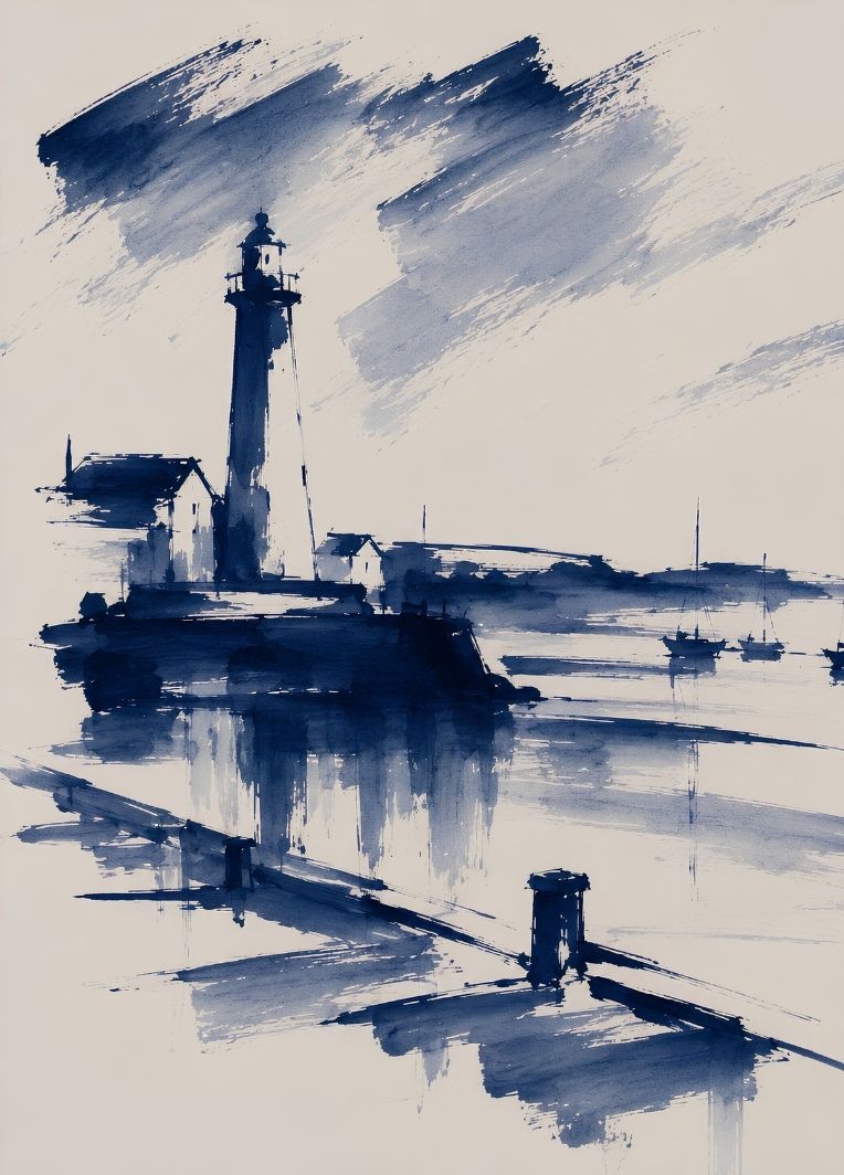 Tableau phare bord de mer bleu représentant un port aux nuances bleu marine, des bateaux et leurs reflets sur l'eau.
