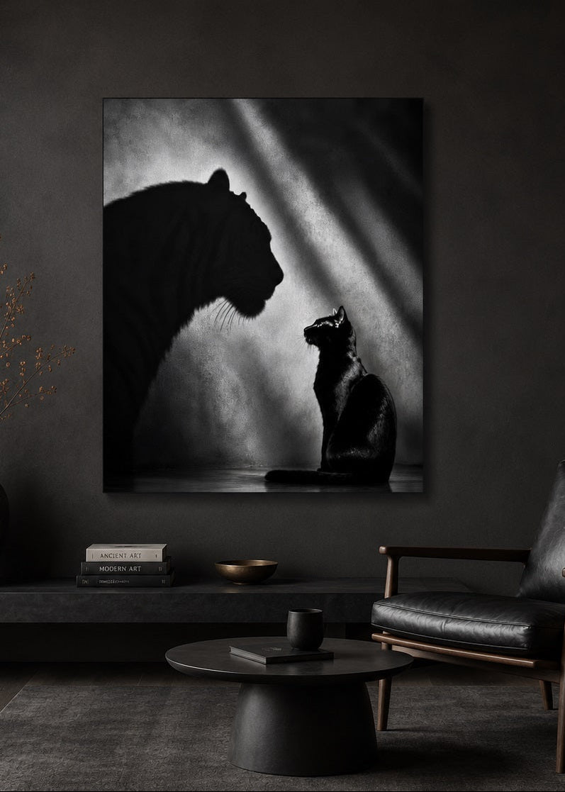 Tableau photographique noir et blanc associant élégance minimaliste et puissance animale
