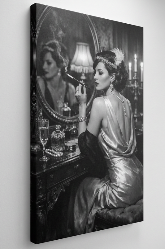 Détail du portrait féminin glamour et des jeux de lumière noir et blanc
