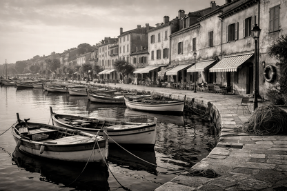 Photographie d’art noir et blanc de port ancien et barques
