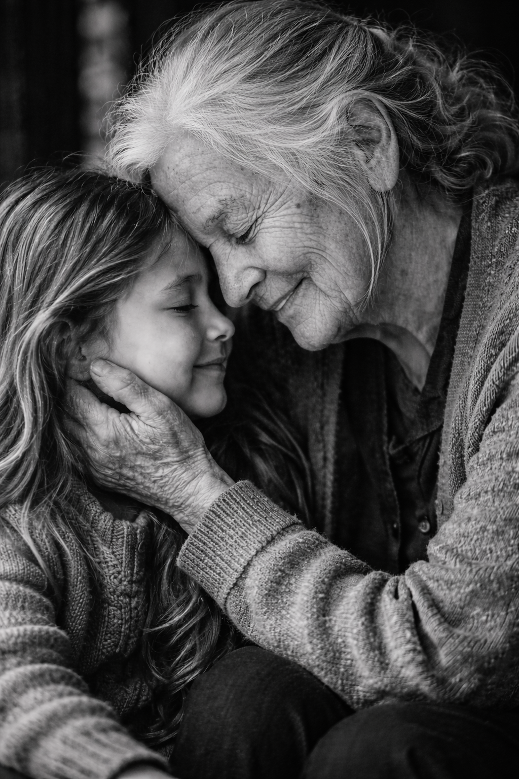 Photographie d’art noir et blanc moment de tendresse intergénérationnelle
