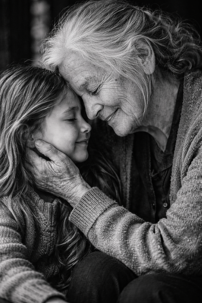 Photographie d’art noir et blanc moment de tendresse intergénérationnelle
